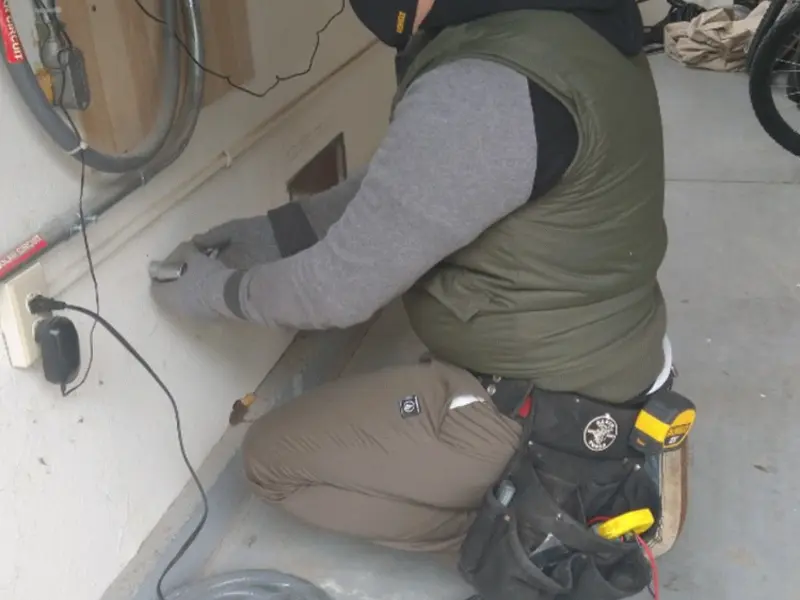 Electrician performing outlet wiring in a Walker garage